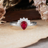 Unique Pear Cut Halo Ruby Engagement Ring Bezel Cluster Ring